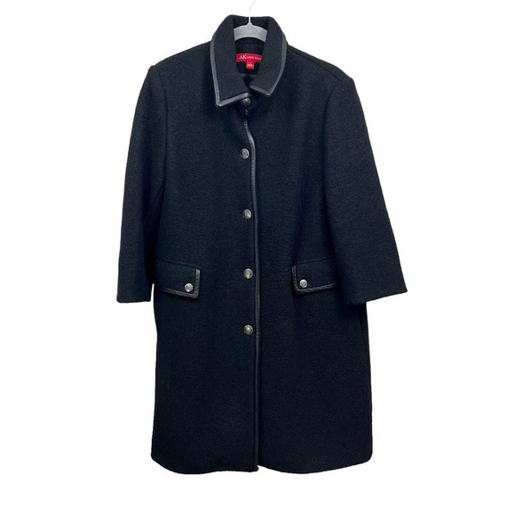 AK Anne Klein Wool Coat Jacket Women Leather Trim Lined 5 Button Pockets Black 8